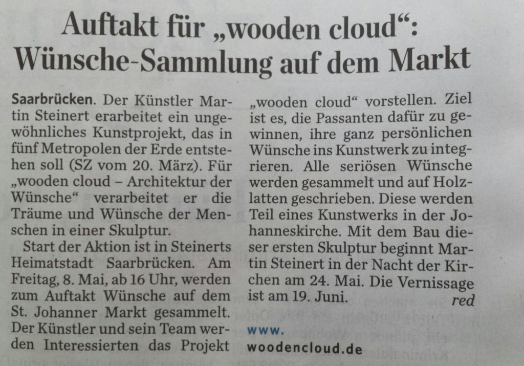Saarbrücker Zeitung vom 02. Mai 2015 zum Auftakt von "wooden cloud"